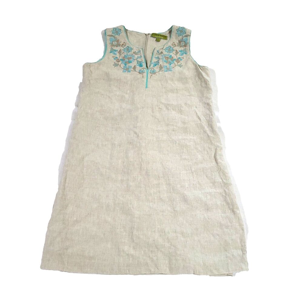 sigrid olsen linen Shift Embroidered Dress 4 Aqua Blue Floral V Neck coastal